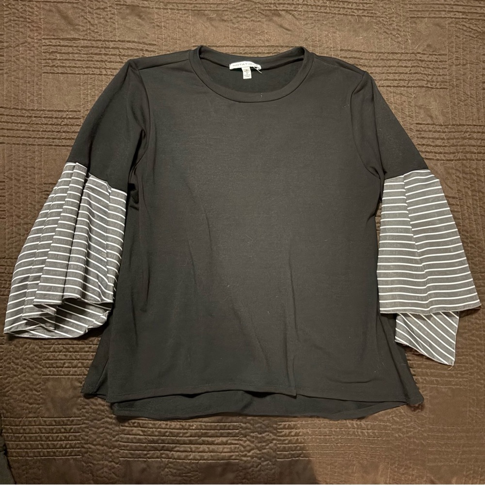 Notations Black Top with Gray Striped Bell Sleeves